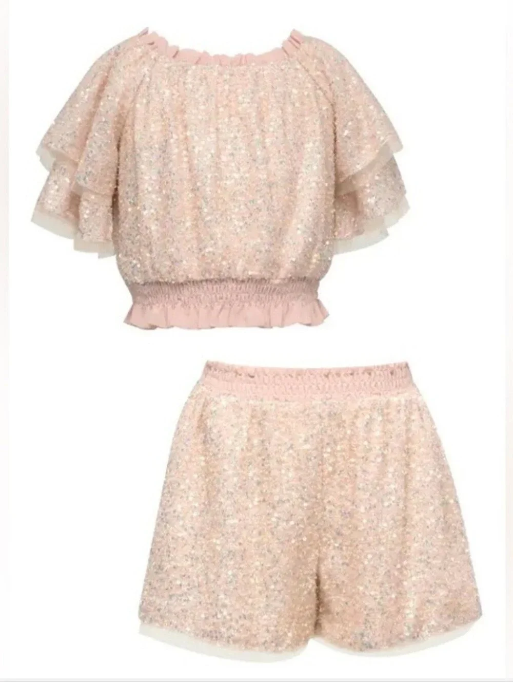 Hannah Banana Rose Pink Sequin Crop Top & Shorts Set Girls Size 10 Nwt
